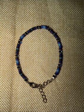 Black Blue Silver Tone Chain Beaded Bracelet